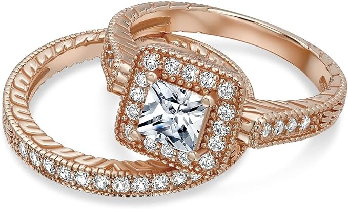 Bling Jewelry Rose 925 Sterling Silver Gold plated Sterling Silver Princess Cut CZ wedding ring set