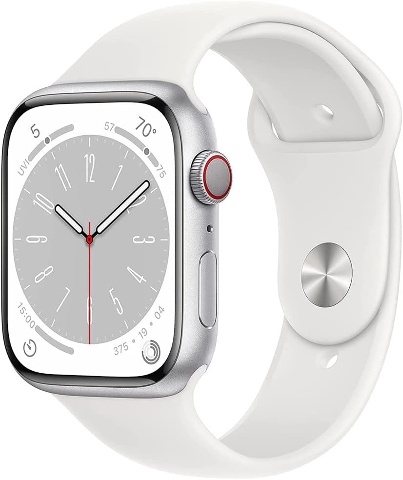 Apple Watch Series 8(GPS + Cellular,45MM) - Silver aluminum case with M/L White Sport Band (Renewed Premium)