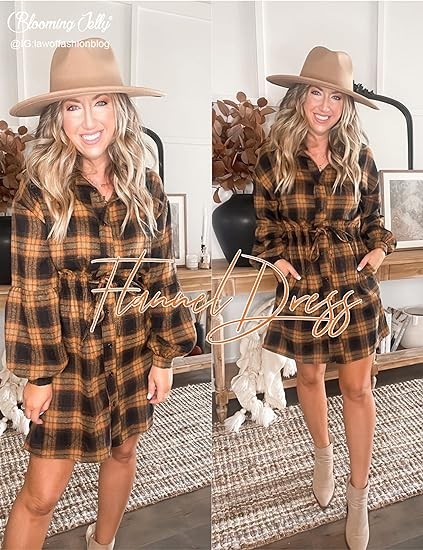 Blooming Jelly plaid women's dress Flannel puffed Sleeve dress Buckle Casual dress Women's 2023 with pockets