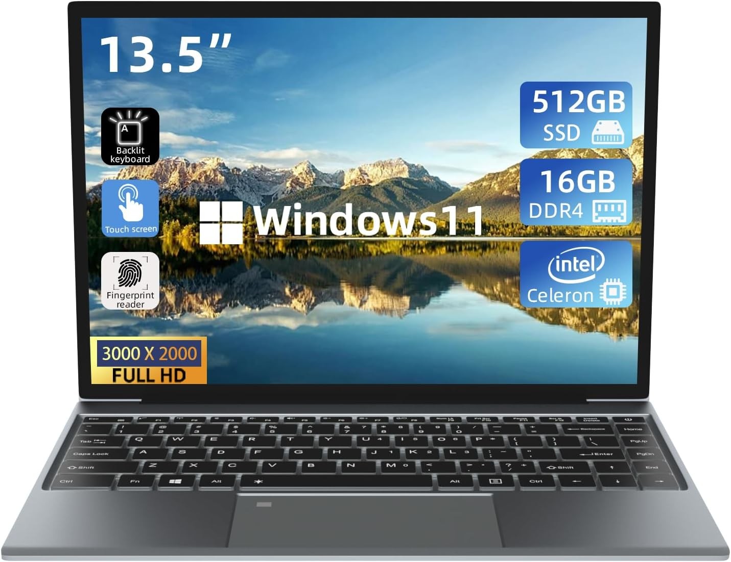 Morostron 13.5" Touch Screen Laptop, Windows 11 Laptop Computer with Intel N5095, 16GB RAM 512GB SSD, 3000x2000 FHD, Backlit Keyboard, Touch ID, WIFI, USB3.0*2, Bluetooth 4.2, HDMI, 38WH Battery, Gray