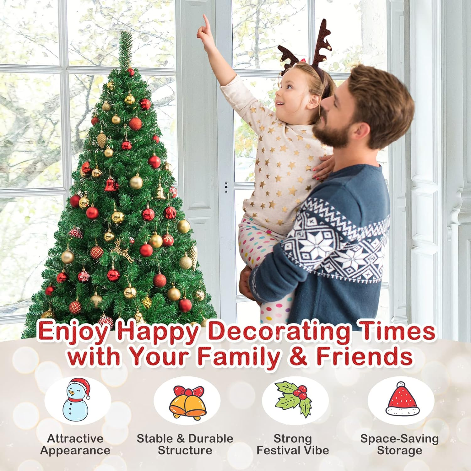 SHareconn 6ft Prelit Premium Artificial Hinged Christmas Tree with Remote Control,Timer, and 330 Warm White & Color LED Changing Lights, 952 Branch Tips, Perfect Choice for Xmas Decoration, 6 FT