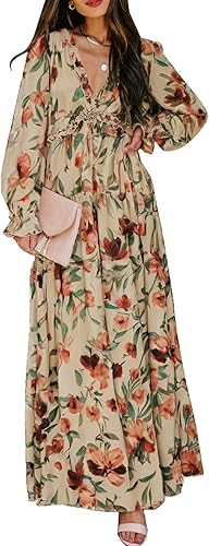 BLENCOT Womens Casual Boho Deep V Neck Short Sleeve Long Dress