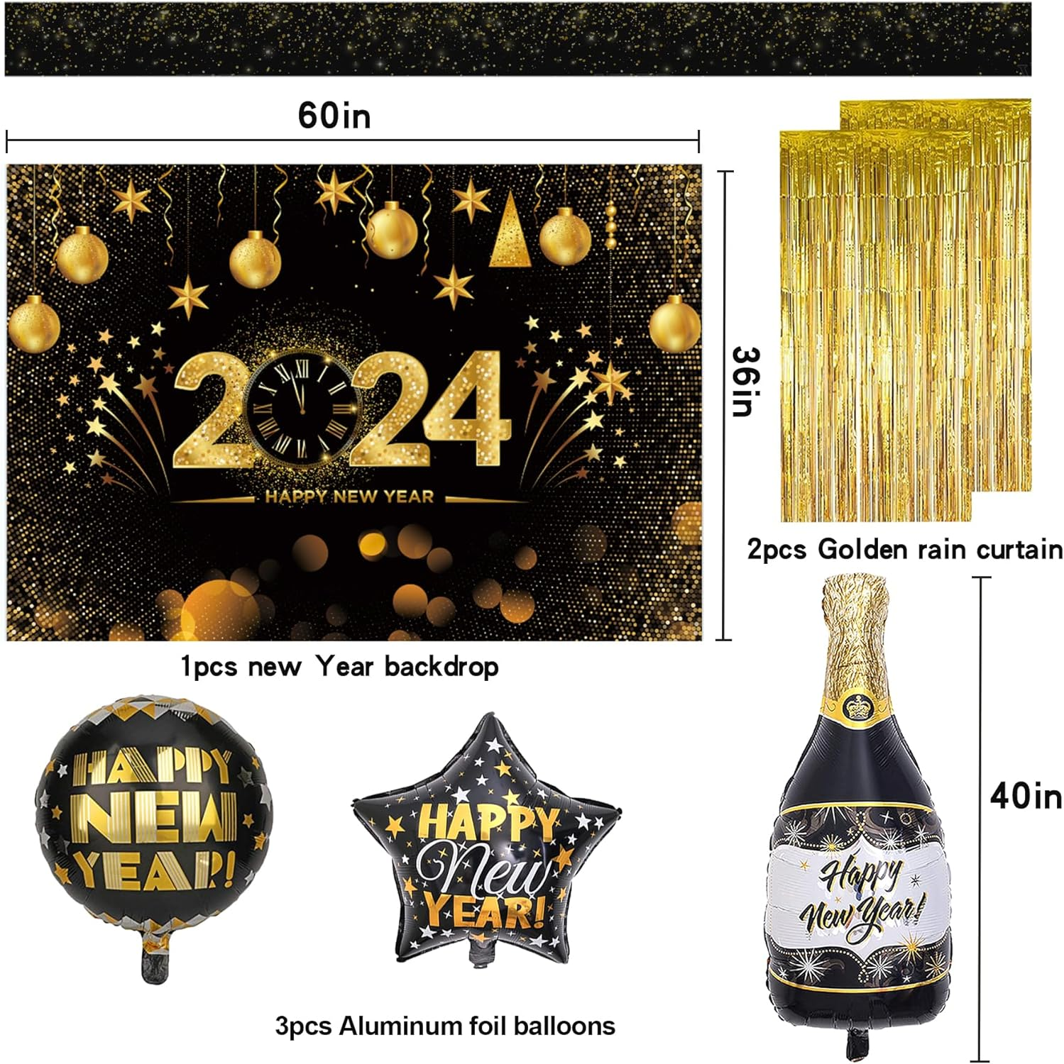 Happy New Year Party Decoration Supplies - 2024 Backdrop Banner Foil Balloon and Curtains, Swirls, Photo Booth Props, Confetti, New Years Eve Black and Gold Party Decorations Photography Backdrops