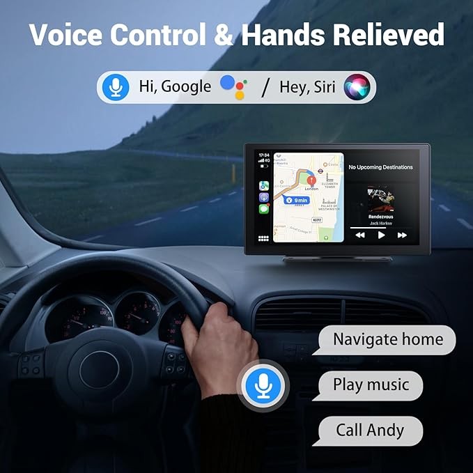 Apple Carplay car screen, 9-inch high-definition touch screen Android auto, portable dual Din car stereo voice control,4K dashcam,1080p backup camera,GPS navigation, mirror link,SPK/AUX/BT/FM.
