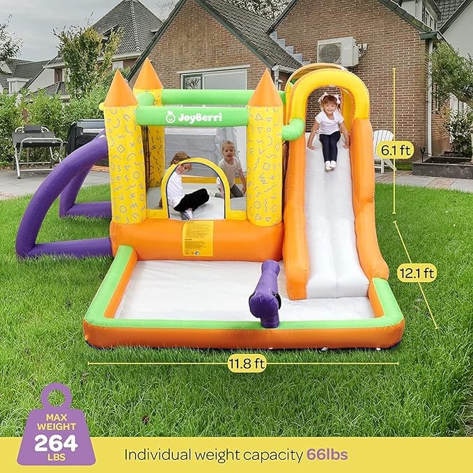 JoyBerri Bounce House Waterslide - Inflatable Water Bounce House with Water Slide, Trampoline, Splash Pool, Climbing Wall - Heavy Duty Bouncy House for Kids Outdoor - Includes Air Blower & Carry Bag