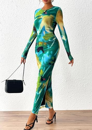 PRETTYGARDEN Women's Bodycon Maxi Dress Fall Spring Fashion Long Sleeve Floral Print Tight Fitted Party Club Ruched Dresses