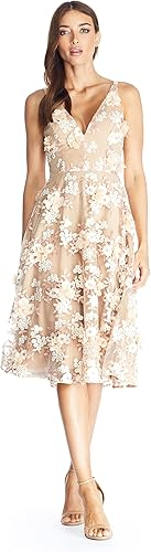 Dress the Population Women's Elisa Sleeveless Plunge Neckline Fit and Flare Midi Dress