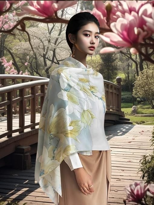 HangErFeng Fashion Women's Silk Scarf Print Shawl Magnolia Flower 800