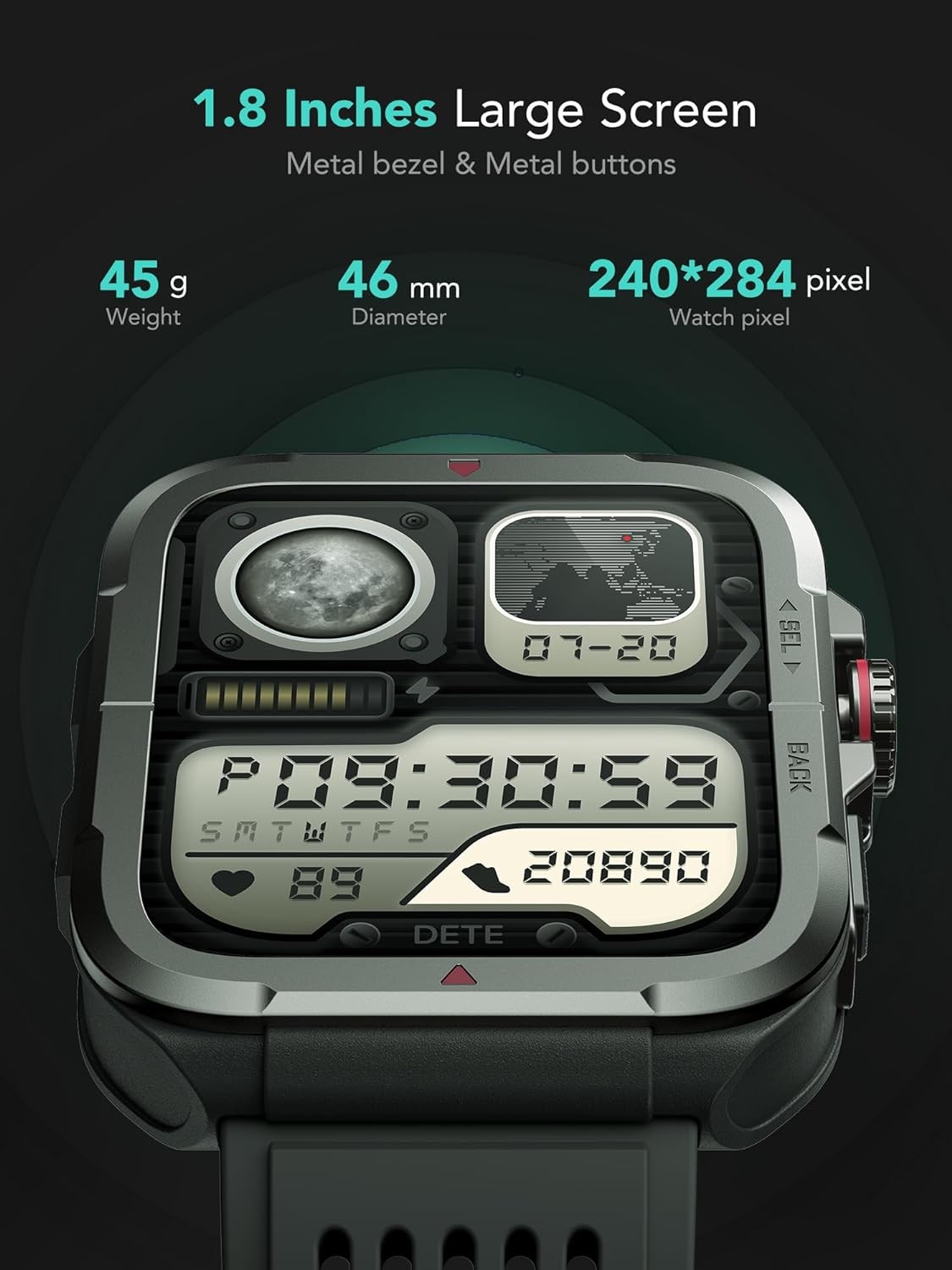 SKG R8 Men's smartwatch (Receive/make calls)Alexa built-in, 1.8-inch fitness tracker with running course heart rate sleep Blood oxygen saturation monitor IP68 waterproof, military smartwatch for Andro