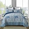 King Quilt Bedding Set, Cotton Bedspread Coverlet Lightweight, Floragrid Blue Oversized Comforter for All Season, Soft Reversible Bed Cover with 2 Pillow Shams