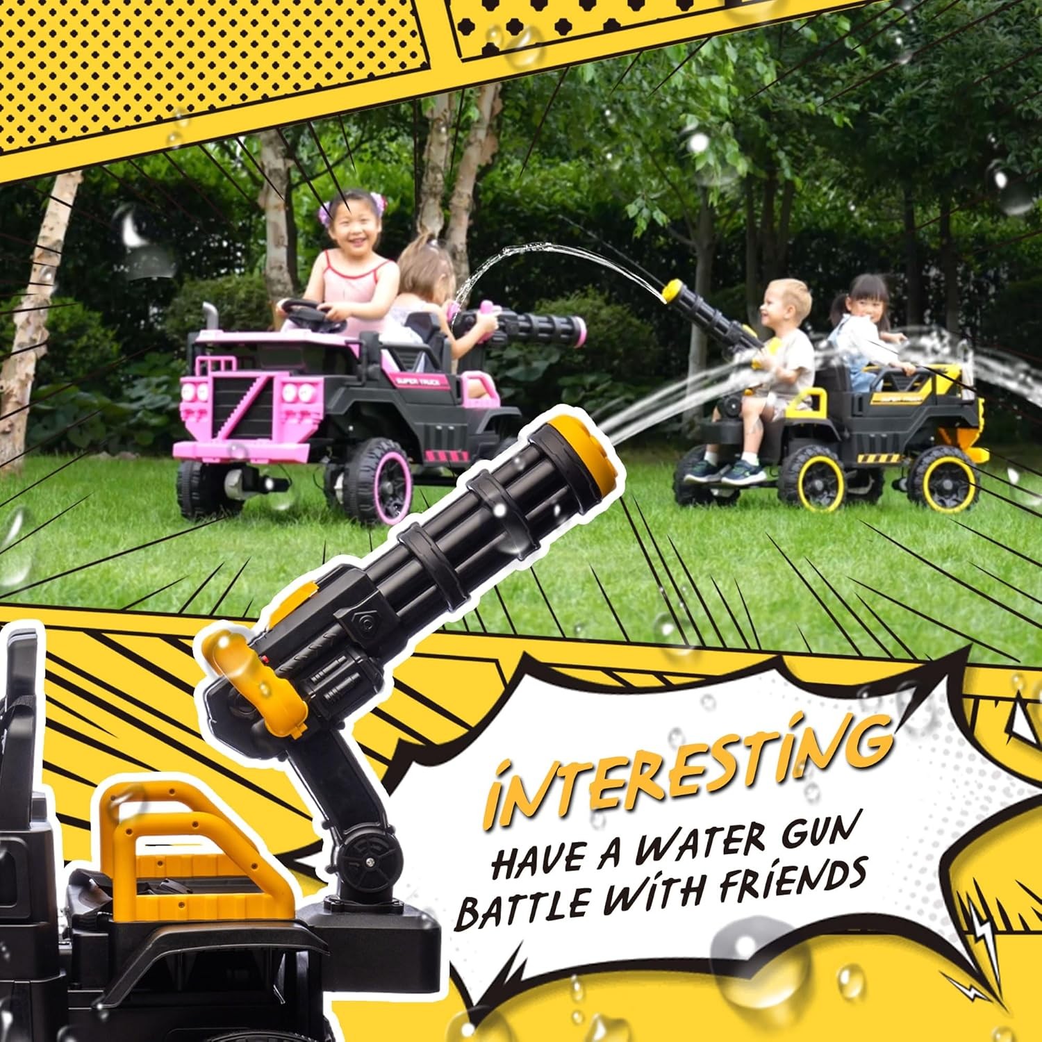 3 Seater Kids Ride on Truck with Water Gun, 24V Ride on Toys for Bigs Kids & Toddlers, Electric Car w/Parent Remote, Lights & Bluetooth, 3 Speed Adjustable Car Toys for 3+, Yellow