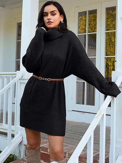 LILLUSORY Women's turtleneck oversized Bat-sleeve autumn sweater 2023 plus-size waist pullover rib knit dress