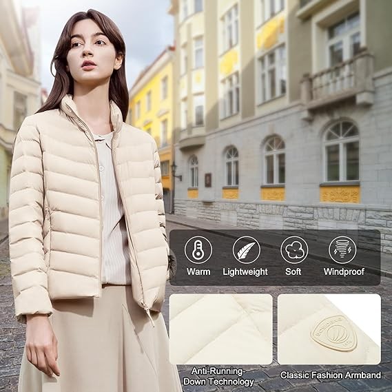 BOSIDENG Lightweight Women's Down Jacket Portable Water-Resistant Puffer Jacket Winter Coat with Stand Collar for Travel