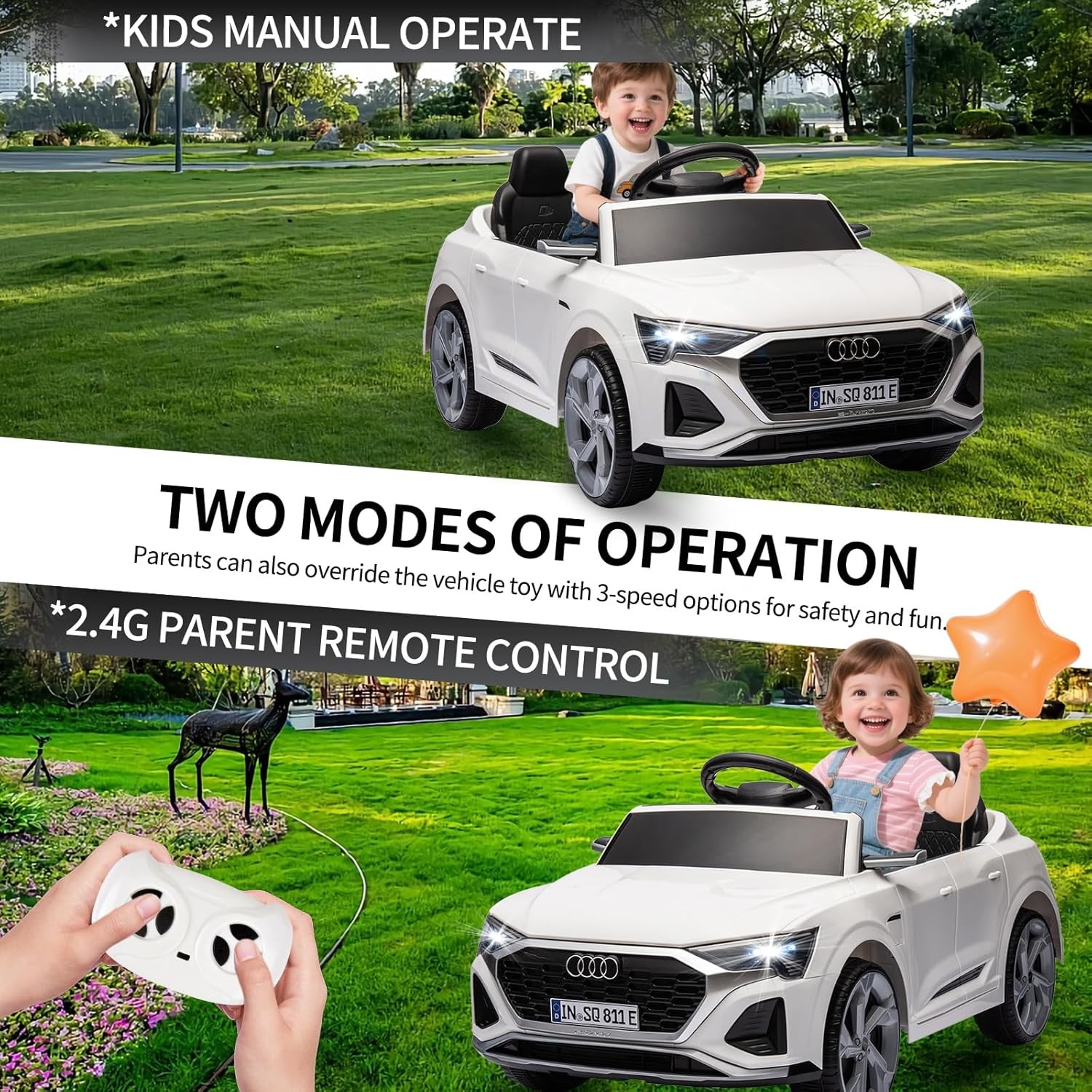 Licensed Audi 12V Children's Electric Ride-On Car, Battery-Powered Electric Toy Car, Suitable for Boys and Girls Aged 3+, with LED Headlights, 2.4GHz Remote Control (White)