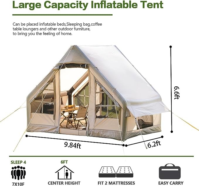Inflatable Camping Tent with Canopy,129 SFT Cabin Tent, 6-8 Person Glamping Tents Sun Shelter, Easy Setup Waterproof Outdoor Oxford Tents, Self-Supporting