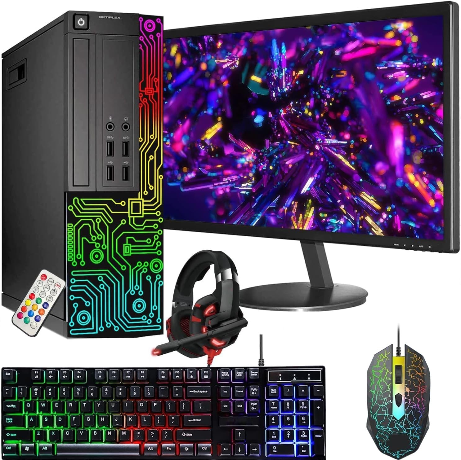 Dell OptiPlex Desktop RGB Computer Intel Core i7 Quad-Core Processor, 16GB RAM, 512GB SSD, 24-inch HDMI Monitor, RGB Keyboard Mouse and Headphones, WiFi, Windows 10 Pro (Refurbished)