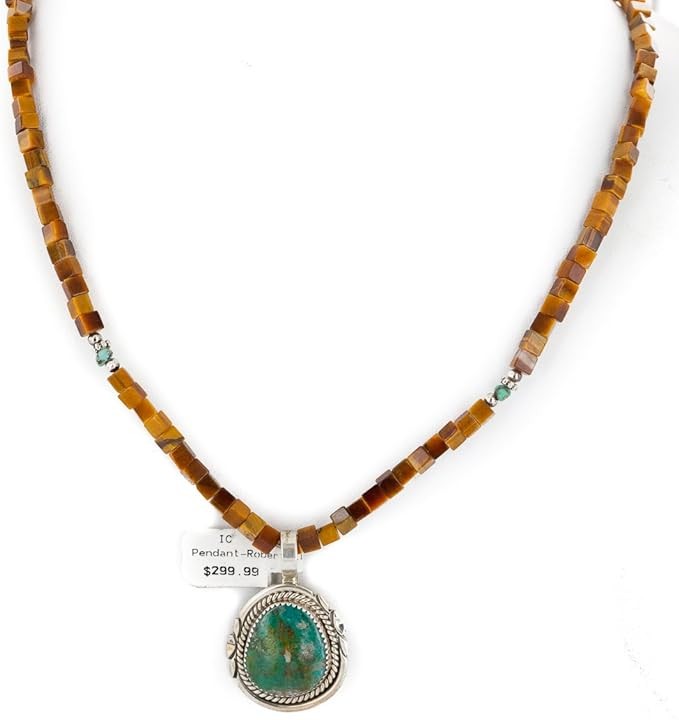 $500Tag Silver Certified Navajo Turquoise Tiger Eye Native Necklace 14863-1-10225 Made by Loma Siiva, metallic stone, stable turquoise