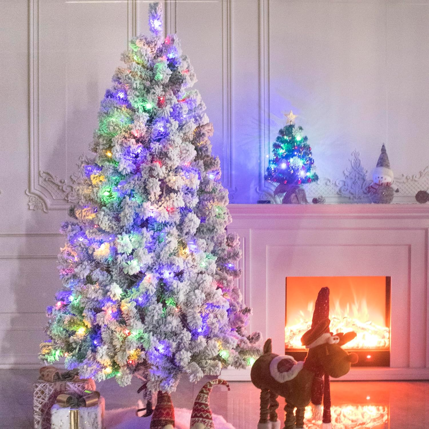 Pre-Lit Christmas Tree Artificial Snow Flocked Pine Tree Warm-White & Multicolored Lights, 8 Mode Functions,Metal Base,Home, Office, Party Decoration 5FT