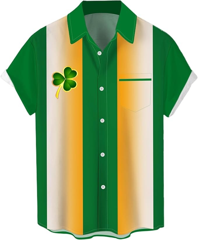 Men's 2025 ST Patricks Day T-shirt Shamrock ST Pattys Day Fun hat Low green printed short sleeve button shirt