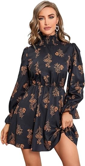 Floerns women's long-sleeved floral print pleated short dress with rising collar