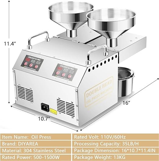 1500W Oil Press Machine with Double Oil Outlets, Automatic Commercial Oil Expeller Extractor Stainless Steel Oil Presser Pressing Mill Maker Machine for Commercial Domestic Use, 110V Silver