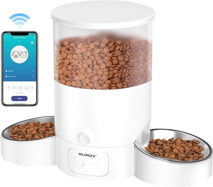 Otomatik Kedi Maması Dispenseri, İki Kedi, Köpek ve Küçük Evcil Hayvanlar için Uzaktan Besleme Uygulaması Kontrolü ile SURDY 2.4G WiFi Akıllı Evcil Hayvan Besleyici Otomatik Kedi Besleyici (Beyaz)