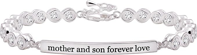 ALOV Jewelry Sterling Silver "mother and son forever love" square-crystal Zircon bracelet, 7.25 inches sterling silver, square-crystal quartz