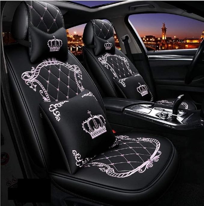 Skysep Crown Full set of universal 5-seat car body kit, waterproof leather car seat cover, protective cover, adjustable and detachable car seat cushion, 2 lumbar pillows, 2 headrests, pillows (black a