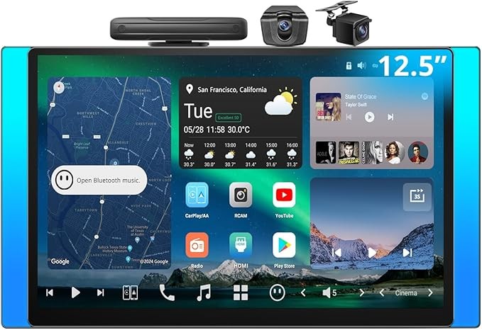 12.5-inch QLED AI single DIN and dual DIN adaptive Android car stereo,8G + 128G, floating screen, 7.1.2-channel audio,4G LTE, wireless play and Android auto, with 2 recording cameras,X10 G125E. -R3
