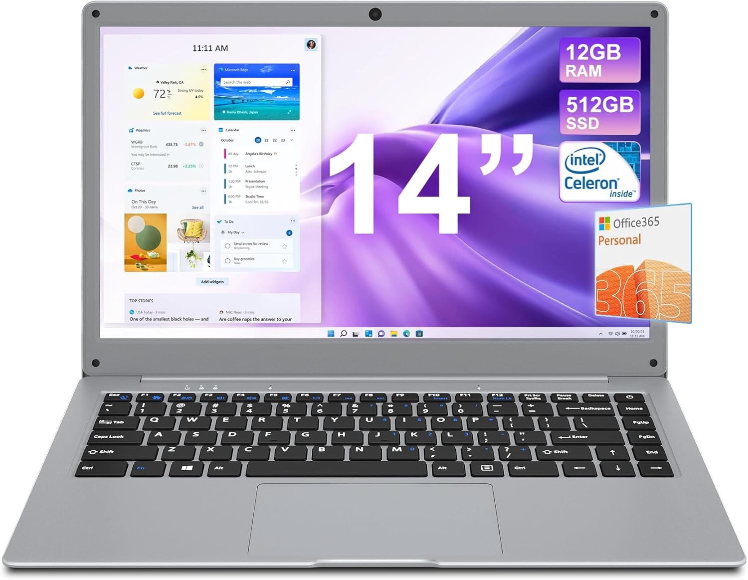 jumper Laptop, Office 365 One-Year, 12GB RAM 512GB SSD, Celeron N4000 CPU, Notebook Computer with 14" FHD 1080P Display, 35.52WH Battery, 2 Speakers, 2.4G+5G WiFi, Portable Business Laptops.(Gray)