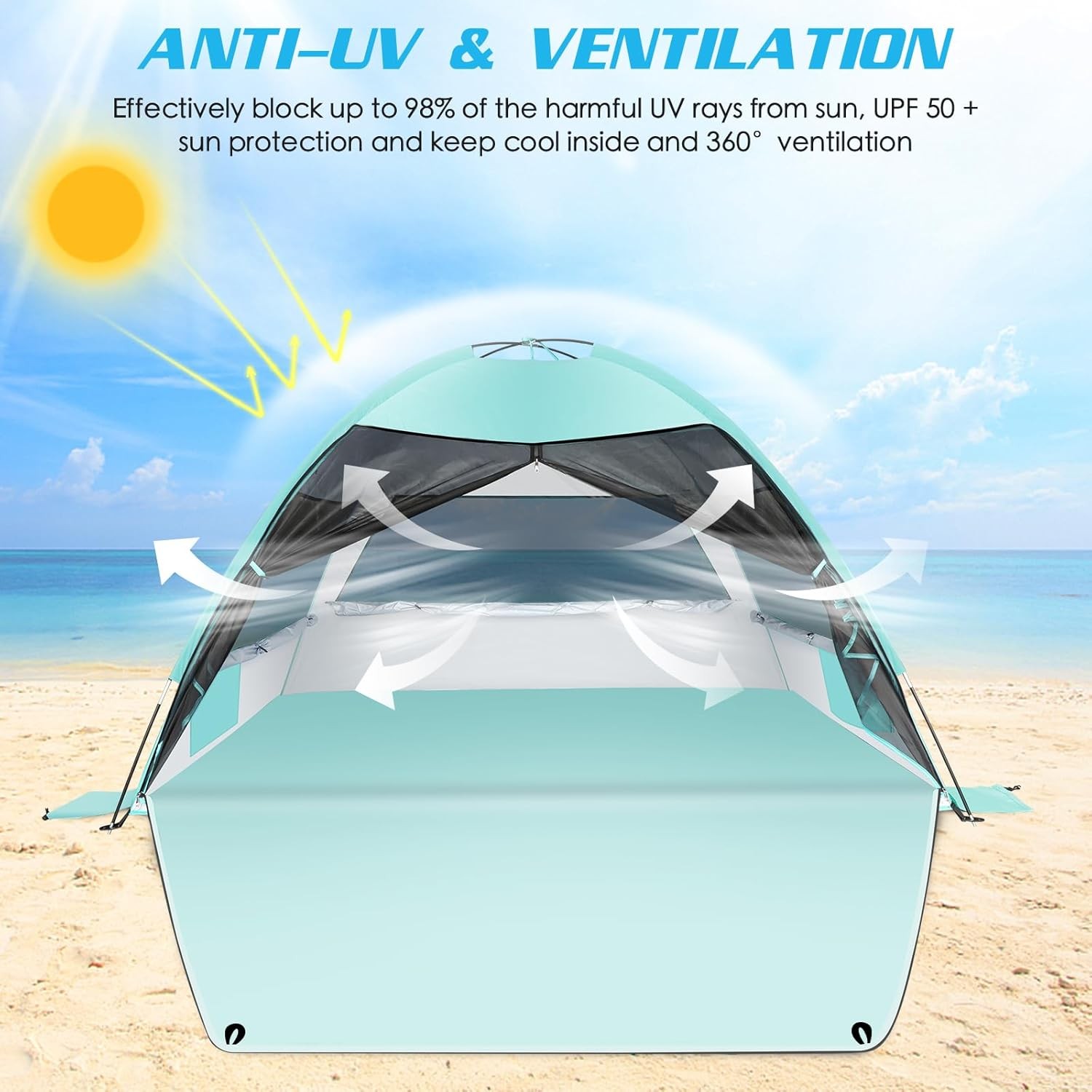 Large Easy Setup Beach Tent,Anti-UV Beach Shade Beach Canopy Tent Sun Shade with Extended Floor & 3 Mesh Roll Up Windows Fits 3-4 Person,Portable Shade...