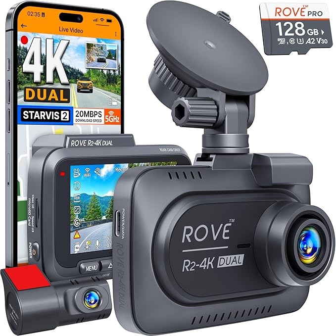 ROVE R2-4K front and rear dual dashcam,STARVIS 2 sensor, with free 128GB card,5G WiFi - fastest download speed up to 20MB/s, use applications,4K 2160P/FHD car dashcam, 3-inch IPS, 24H Par. King Mode