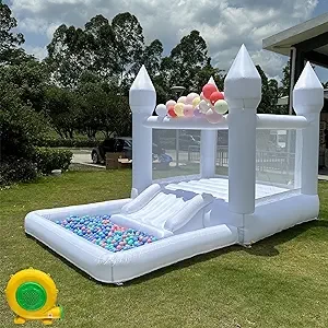Portable White Bounce House with Slide and Ball Pit Multifunctional Inflatable Bouncer for Kids(13 * 8 * 8ft Oxford Cloth，with Air Blower