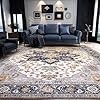 Vintage Washable Area Rug - Soft Oriental 9x12, Neutral Grey/Blue, Non-Slip, Low Pile for Living Room & Bedroom