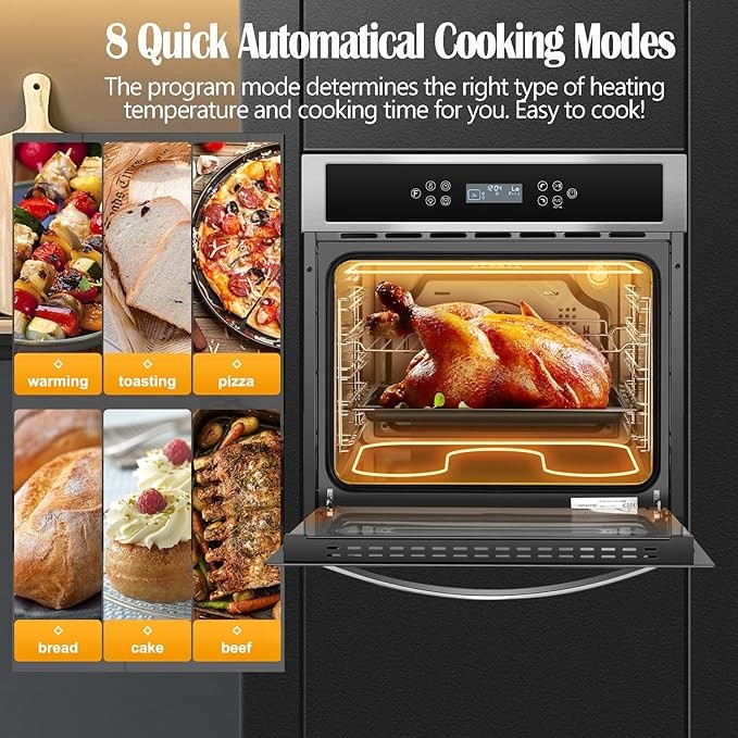 Wall Ovens 24 Inch Electric, Amzchef Built-in Single Wall Oven, 2800w 240v 2.5cu.ft Convection Wall Oven with 11 Cooking Functions 8 Automatic Recipes, Stainless Steel