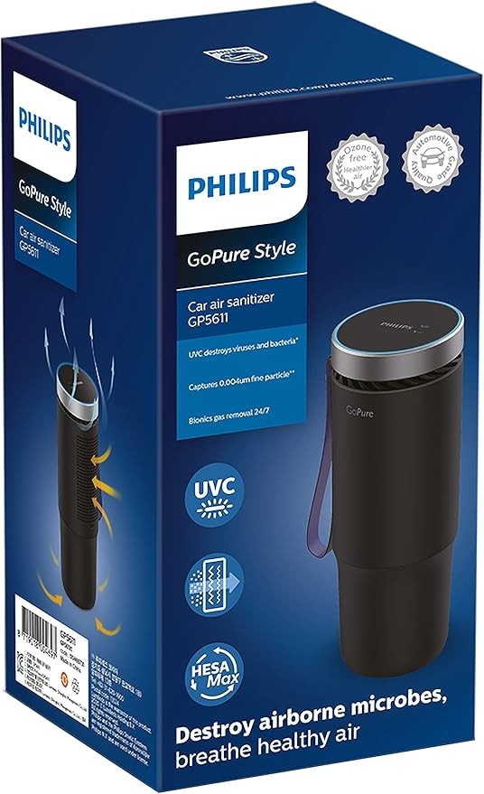 Philips GoPure GP5611 small portable HEPA air purifier with LED UVC purification function, suitable for cars, trucks, RVS/campers, reducing allergens, odors, smoke, pet smells, bacteria, viruses, and 