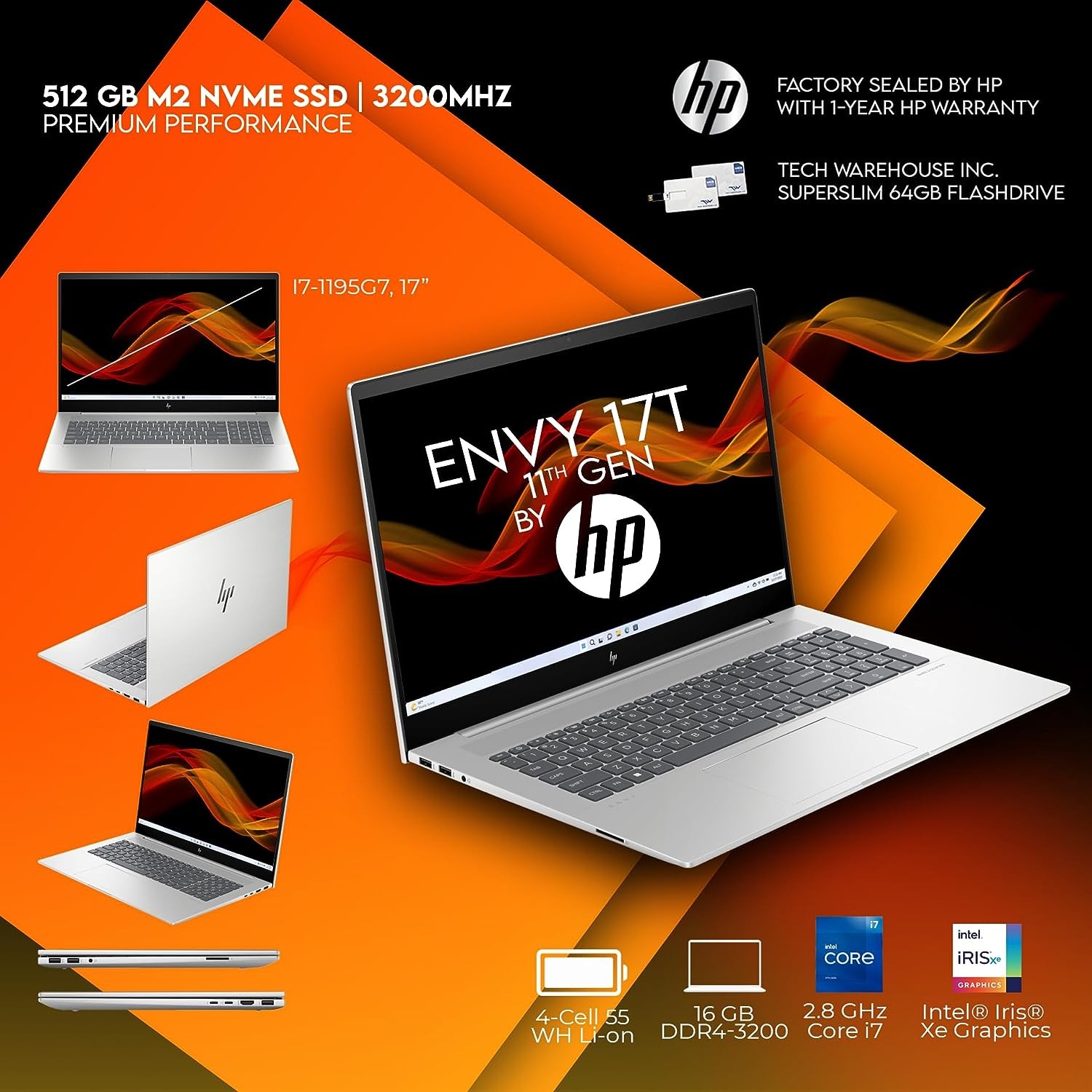 HP Envy 17T Laptop i7-1195G7 11th gen, 16GB RAM, 512 GB NVMe SSD, 17.3" FHD Touch, Thunderbolt 4, Win 11 PRO, WiFi 6, B&O Speakers, USB-A, Intel Xe Graphics, Silver, 64GB Tech Warehouse Flashdrive