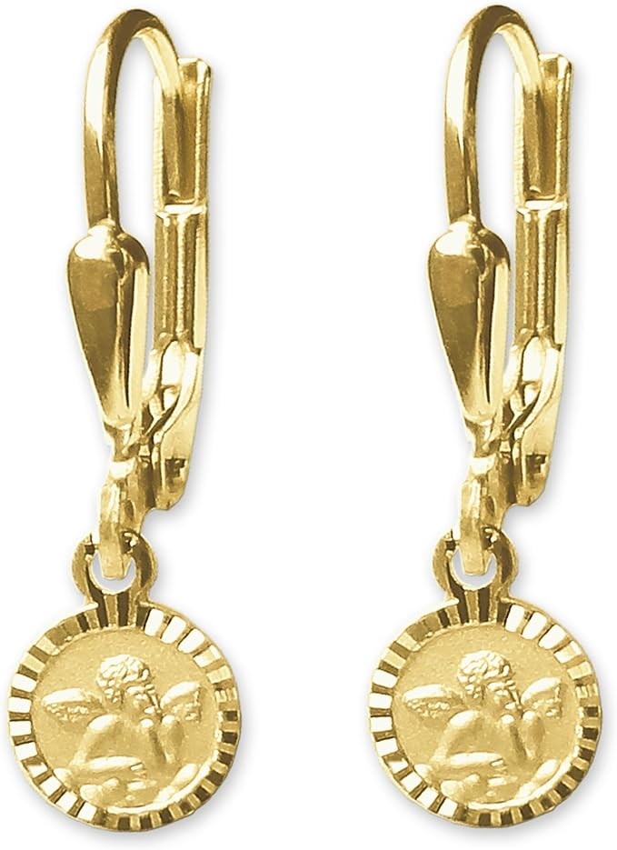Smart jewelry Gold Little Girl earrings as earrings 21mm with Angel classic semi-gloss round diameter 6mm, edge set with diamonds shiny 333 gold 8 carats, sand color, partly matte, no gems