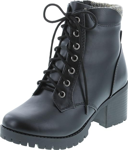 Soda Single Lug Sole Chunky Heel Combat Ankle Boot Lace up w/Side Zipper
