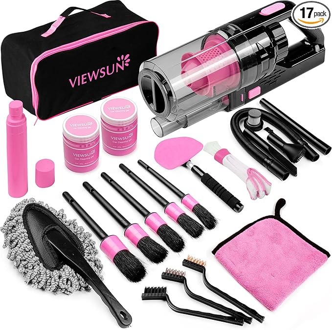 Viewsun 17-piece Car Cleaning Kit, Pink car interior detail kit, with High-power handheld vacuum cleaner, detail brush set, windshield cleaner, cleaning gel, Ladies' complete set of car accessories