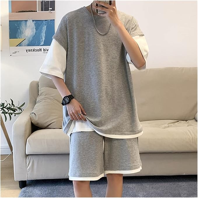 CSCDD Plus Size Patchwork Color Fake-2Pieces Sport Men's Sets Loose Casual Tee Shirt Homme +Shorts