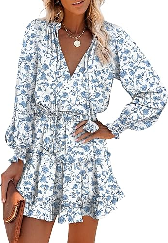 Dokotoo Fall Dresses for Women 2025 Boho Floral Drawstring V Neck Smocked Long Sleeve Ruffle Tiered Chiffon Mini Dress