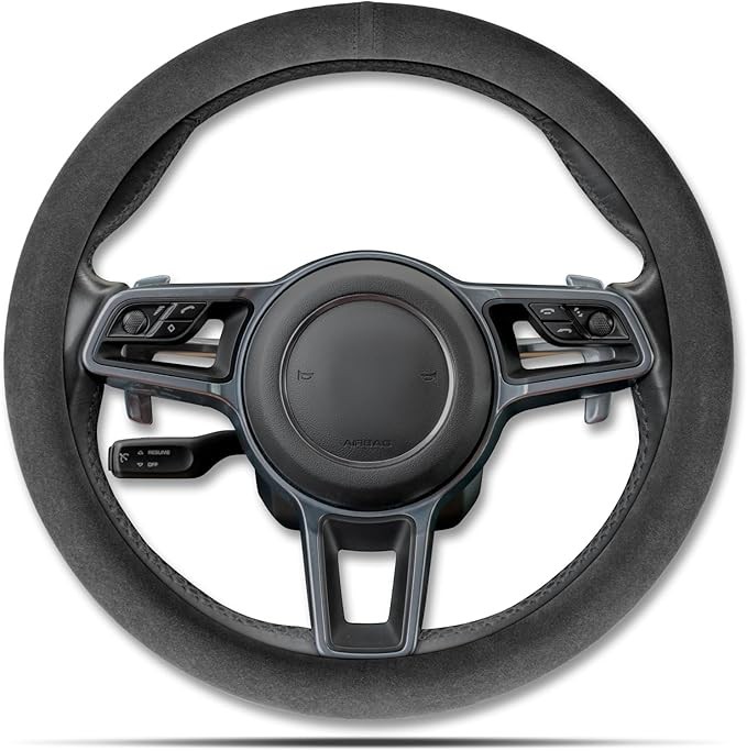 Alcantara material car steering wheel cover, anti-slip, comfortable grip, breathable and durable, fully wraparound, General Motors interior - black - conventional style