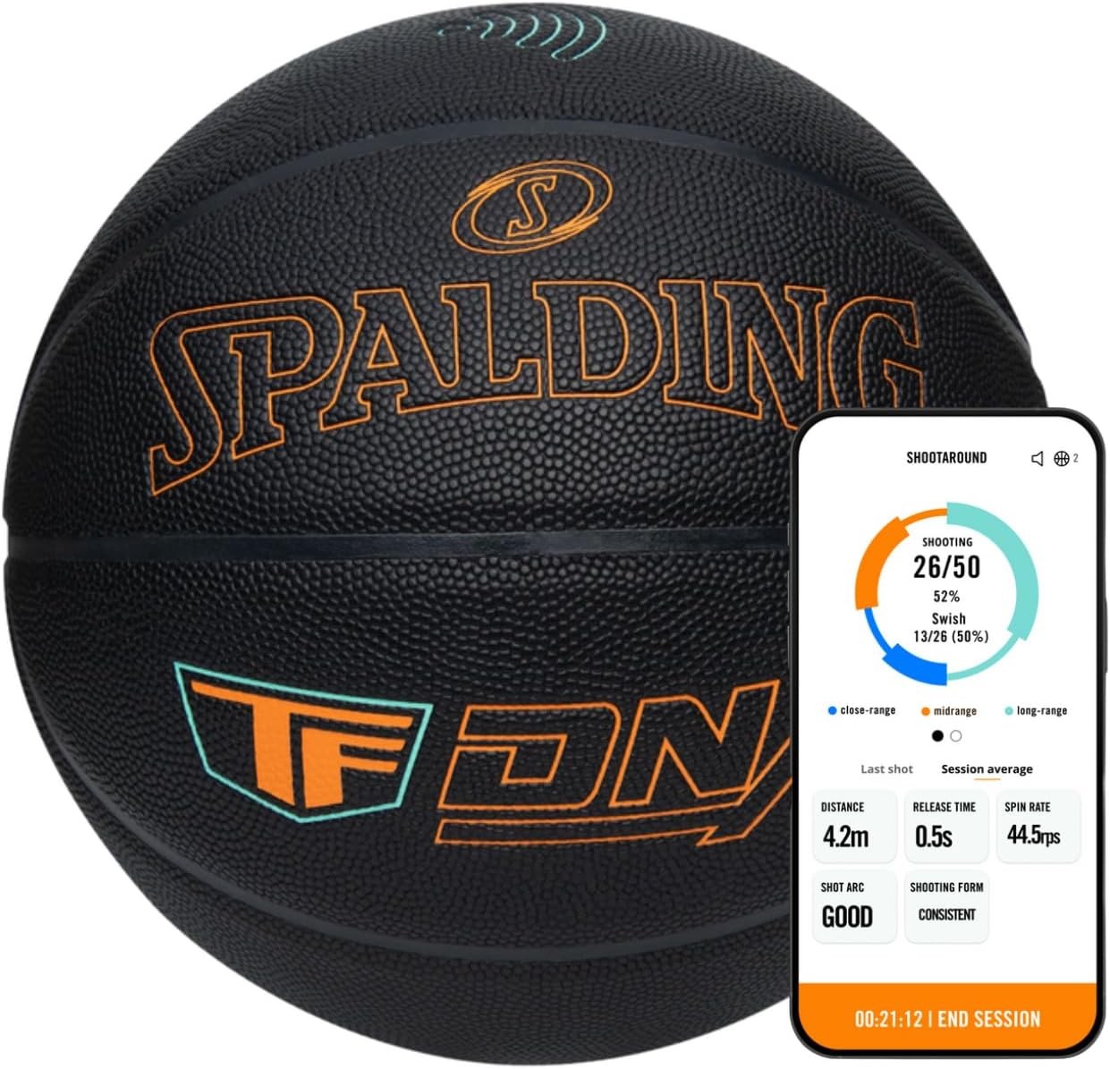 Spalding TF DNA Smart Basketball + 1 Yr App Subscription Bundle I iOS Compatible Only I All Surface Material