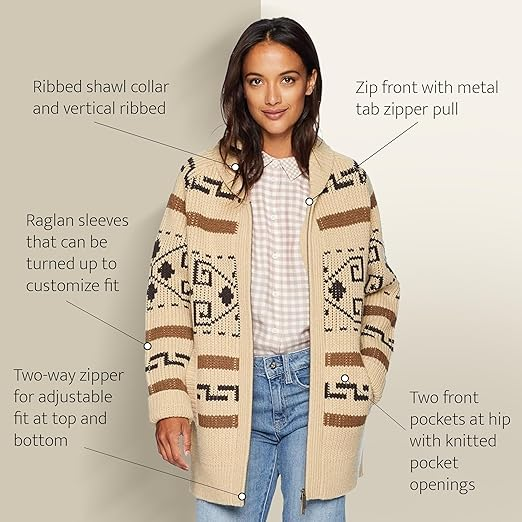 Pendleton Women’s Westerley, Cardigan Sweater, 100% Virgin Wool, Sweaters for Women, Heavy Cable Knitted Sweater - Tan/Brown