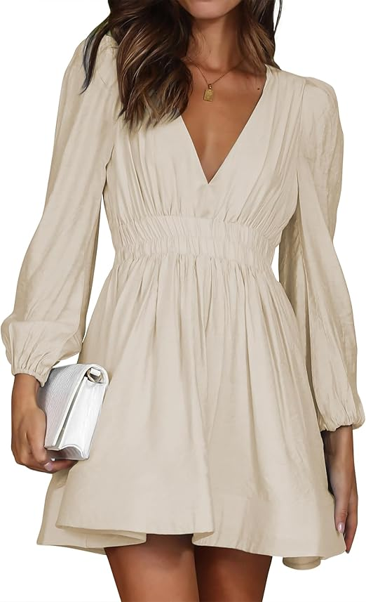 FAIABLE Mini Deep V Sexy Long Sleeve Dress for Women A-line High Waisted Casual Flowy Dress for Cocktail Wedding Guest