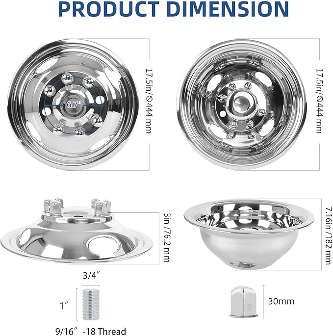 hightall 16-wheel simulator,16" 8 lug stainless steel RV wheel hub covers, polished surface,2 front wheels /2 rear wheels, wheel bolt cover sets suitable for Ford 2008-2021 E-350/E450 Super Duty