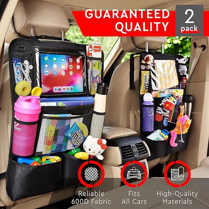 Helteko rear seat car storage rack, skirting pad, rear seat protection pad with touchscreen, tablet stand, children's rear seat storage rack, travel accessories with 9 storage bags, 2-piece set, black