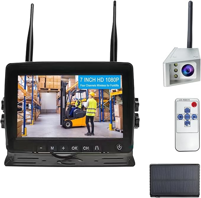 Magnetic forklift wireless backup camera with 7-inch screen monitor stable digital signal backup camera wireless with rearview camera and battery solar charging