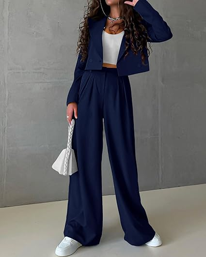 KIRUNDO Business Casual Outfits for Women 2025 Fall 2 Piece Cropped Blazer Jackets Wide Leg Pants Suit Sets Work Clothes
